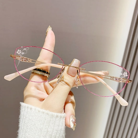 Women Rimless Anti-blue Light Reading Glasses 4.00, Ladies Ultralight Purple Bling Glitter Cat Eye Readers +4.00 Strength