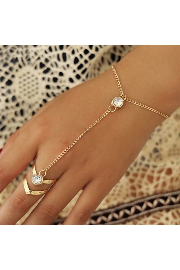 Women Ring Bracelet Solid Color Alloy Geometric Rhinestone Inlaid Lady Chain Ring for Prom