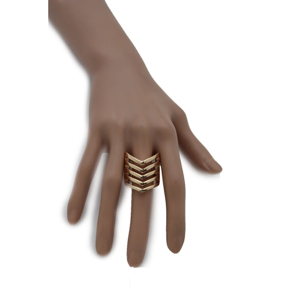 Women Ring Fashion Jewelry Gold Metal Chevron Stripes Finger Elastic Band