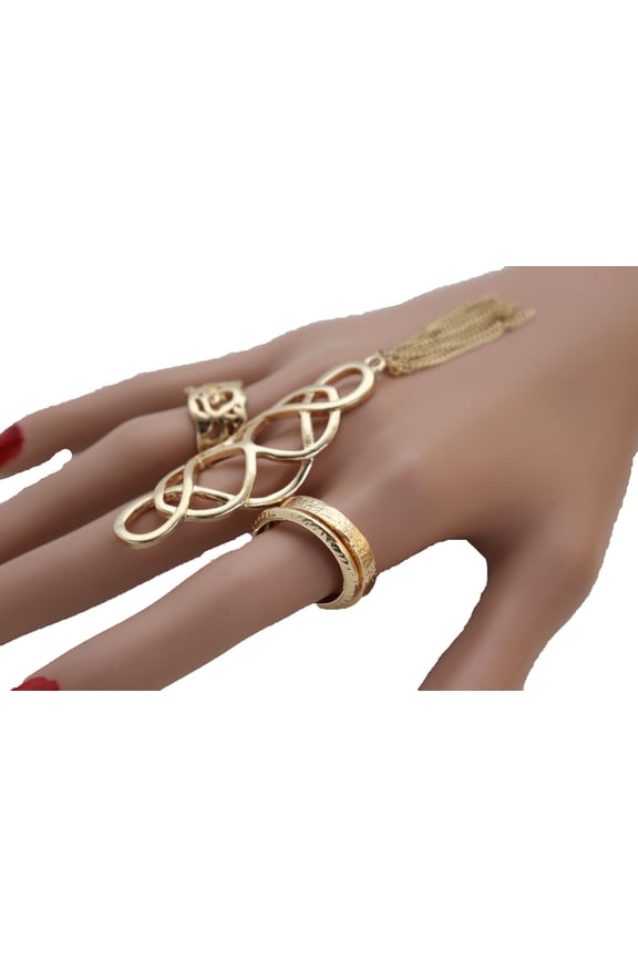 Women Ring Gold Metal Bling Tassel Fringes Fashion Jewelry Set Of 4 Size 5 7.5 8