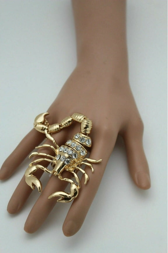 Women Ring Gold Metal Scorpion Fashion Jewelry Elastic Band One Size 2 Fingers