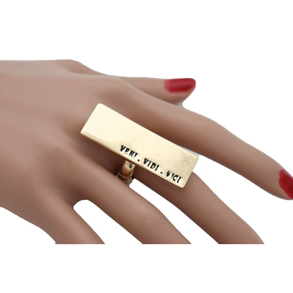 Women Ring Gold Metal VENI VIDI VICI Elastic Band Rectangle