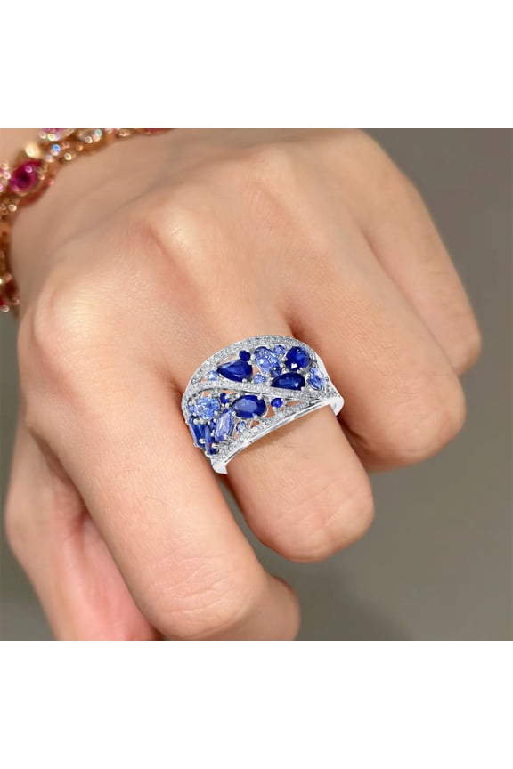 Women Ring Hollow Out Wide Blue Cocktail Ring Water Drop Shape Copper Multi-Shaped Cubic Zirconia Finger Ring Jewelry for Anniversaries Weddings Birthdays
