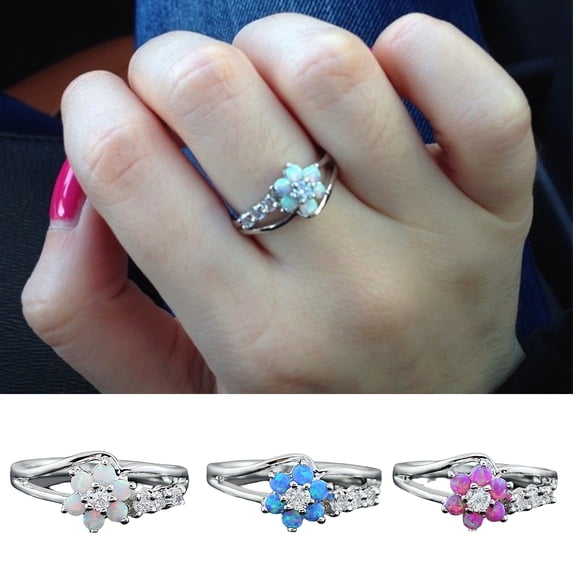 Women Ring Round Cut Shiny Rhinestone Inlaid Geometric Electroplating Decoration Gift Ladies Faux Opal Flower Design Party Ring Jewelry for Dating