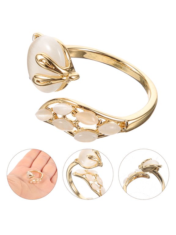 Adjustable Cat's Eye Ring Golden Metal Rhinestones Open Design