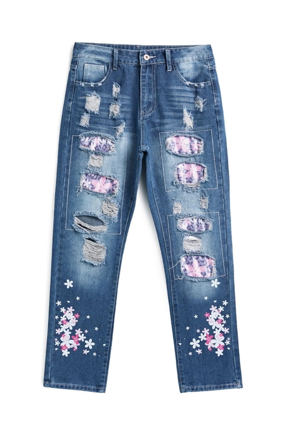 Women's Mid Waist Ripped Wide Leg Flared Jeans Plaid Patch Boyfriend Distressed Denim Pants