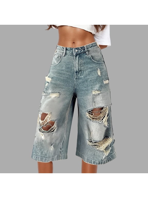 Women Ripped Jeans Baggy Wide Leg Distressed Denim Shorts Cropped Streetwear Jorts for Women (Blue M)