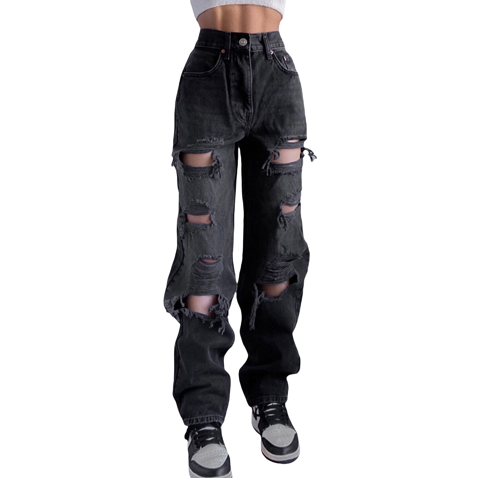 Women Ripped Jeans Low Rise Cutout Baggy Straight Wide Leg Jeans