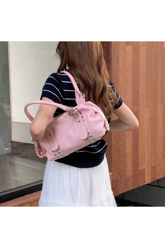 Women Rivet Bowling Bag, Luxury Soft PU Leather Shoulder Handbag, Y2K Trendy Motorcycle Bag for Ladies 2026