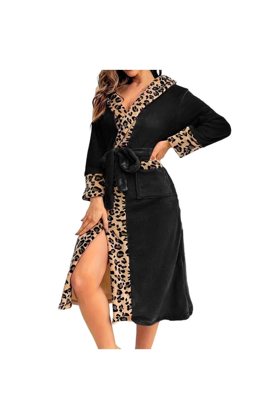 Women Robe Casual Splice Leopard Print Flannel Long Sleeve Bathelegant Loungewear Kimono Housecoat Women's Sleepwear