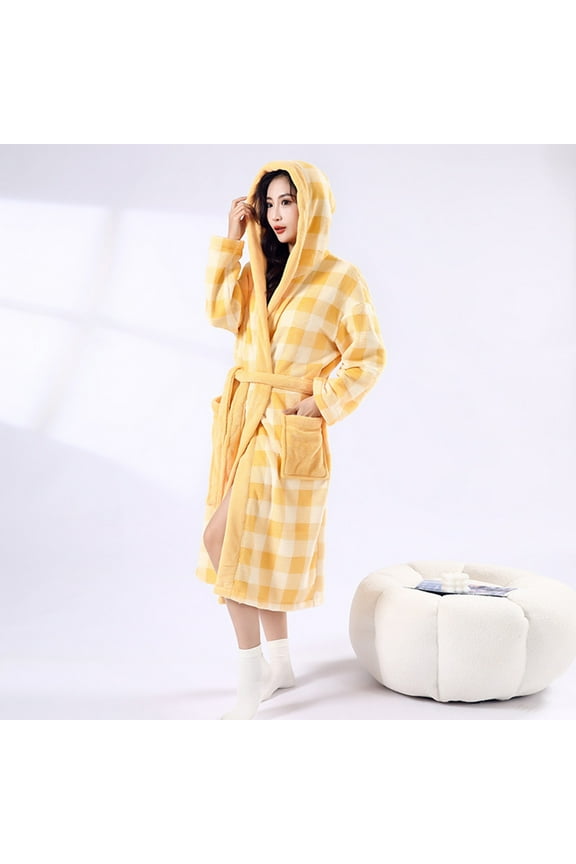 Women Robe Cute , Women's Thickened Fleece Plaid Drying Absorbent Bandage Hooded Bathrobe Robes Style B-1 New Robes for Women Lightweight Yellow One Size