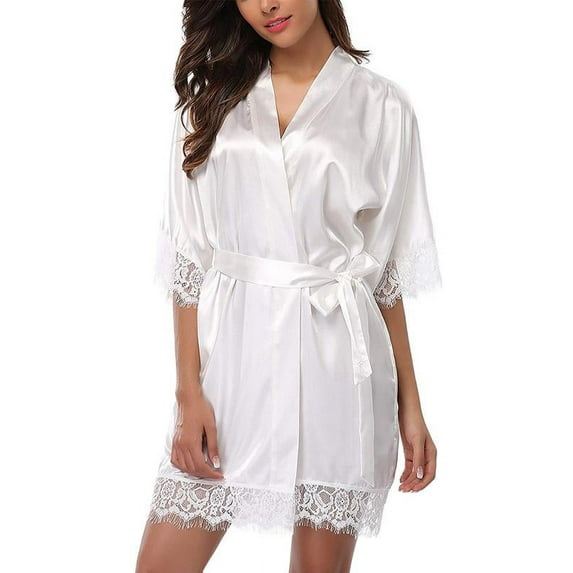 Women Robe Lace Stitching Sexy Half Sleeve Pajamas Emulation Silk Nightgown