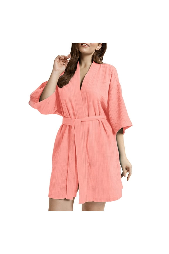 Women Robe Lightweight 3/4 Sleeve Cotton Bathrobe Summer Soft Knee Length House Sleepwear Ladies Loungewear