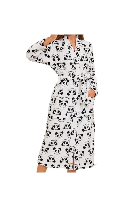 Women Robe Long Sleeve Panda Print Robe Long Sleeve Soft Bathrobe with Belt Cozy for Home Spa Sleepwear Garment Bath Robe Loungewear White XL