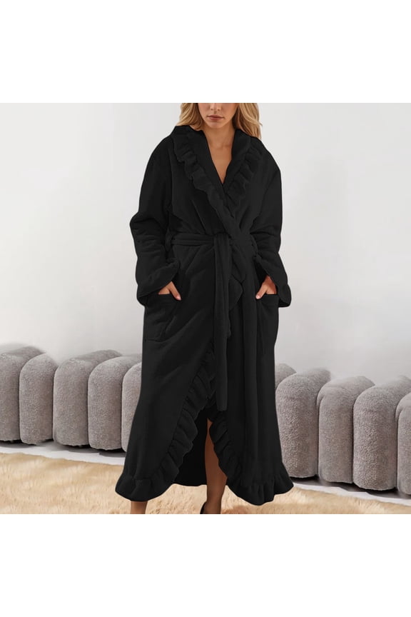Women Robe Soft Ruffle Ankle-Length Bathrobe Cozy Lapel Flannel Loungewear Color Black Size S