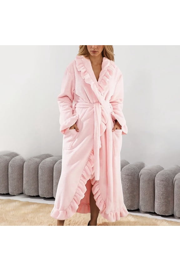 Women Robe Soft Ruffle Ankle-Length Bathrobe Cozy Lapel Flannel Loungewear Color Pink Size S