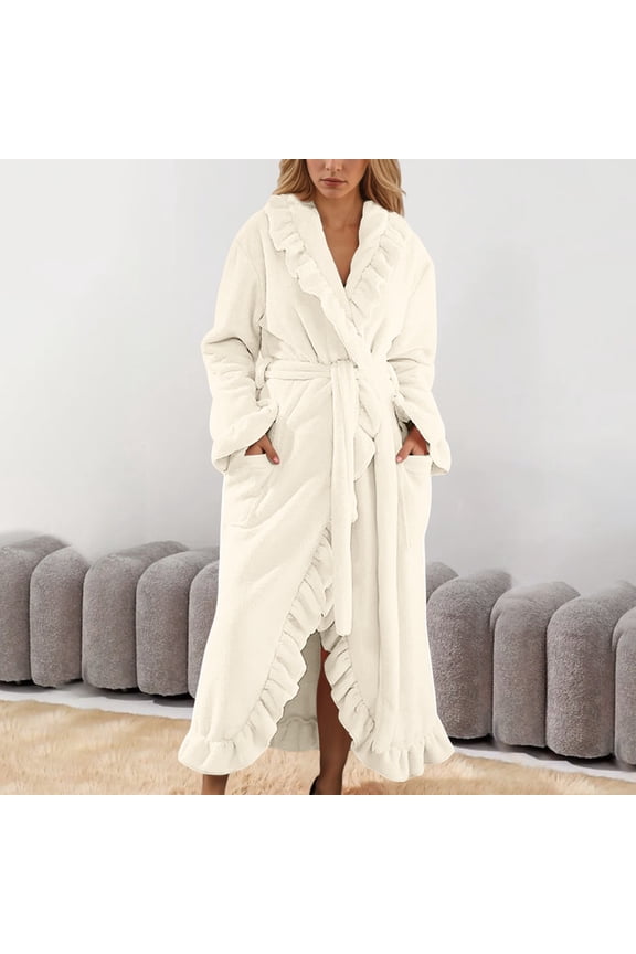 Women Robe Soft Ruffle Ankle-Length Bathrobe Cozy Lapel Flannel Loungewear Color White Size L