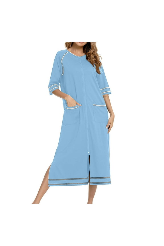 Women Robe Zipper Front House Coat 3/4 Sleeve Nightgown Full Length Ladies Lounge Dress with Pockets