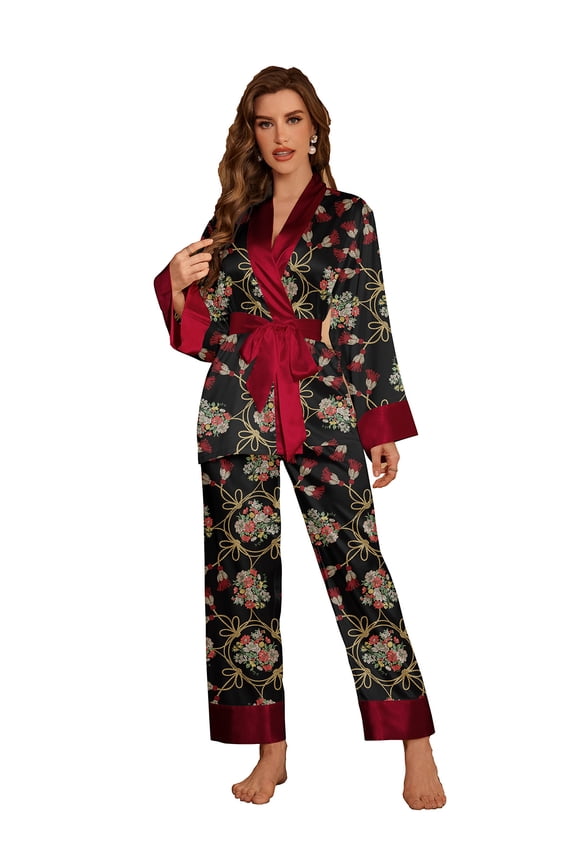 Women Robe and Pants Set for Women Floral Print Silk Long Pants Long Sleeve Nightwear V Neck Nightgown