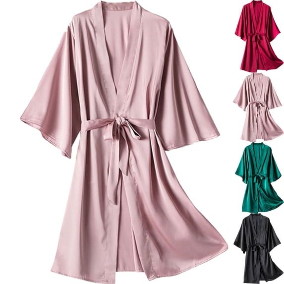 Women Robes Long Bathrobe Lightweight Soft Sleepwear V Neck Casual Ladies Loungewear Satin Silk Pajamas Women Nightdress Loose Lingerie Robes