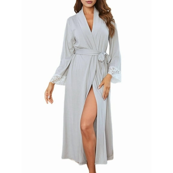 Women Robes Long Knit Bathrobe V-Neck Casual Loungewear Light Flower Ash L