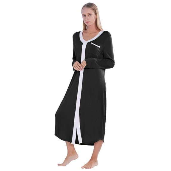 Women Robes Long Sleeve Full Length Nightgowns Button Front Loose Housecoat Loungewear Dress