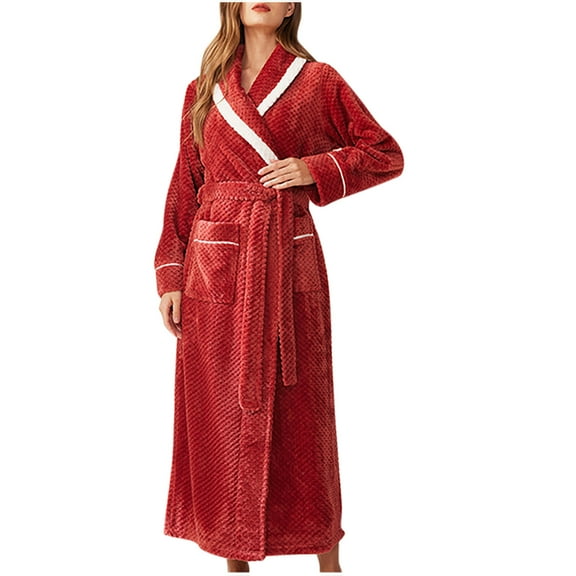 Women Robes Long Thickened Robe Flannel Velvet Womens Bathrobes Long Solid Color Plush Nightgown Pajamas Winter Belt Loungewear with Pockets