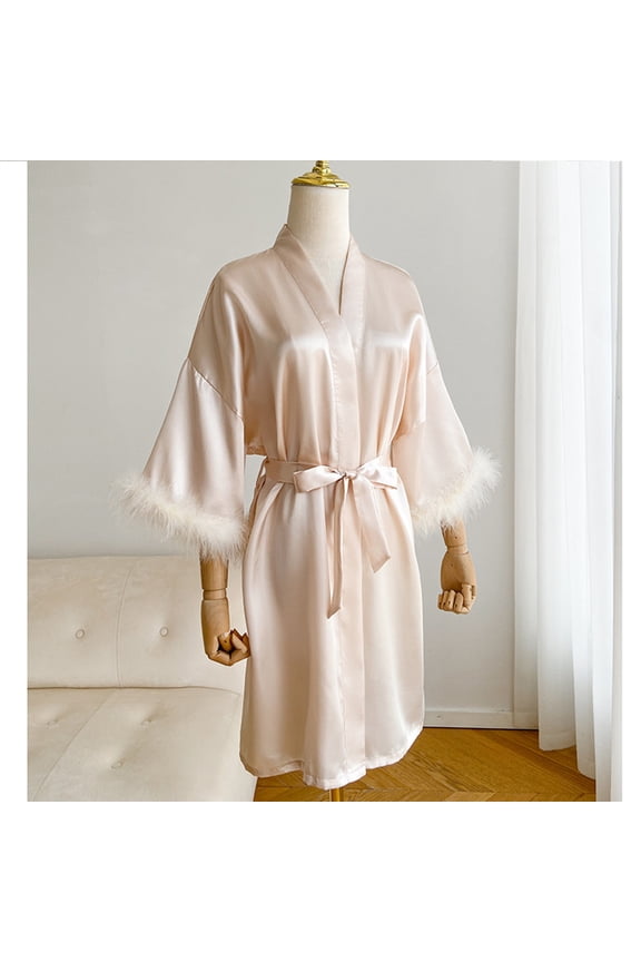 Women Robes Silk Robe Feather Trim Light Weight Cozy Robes for Women Valentines Day Bathrobes