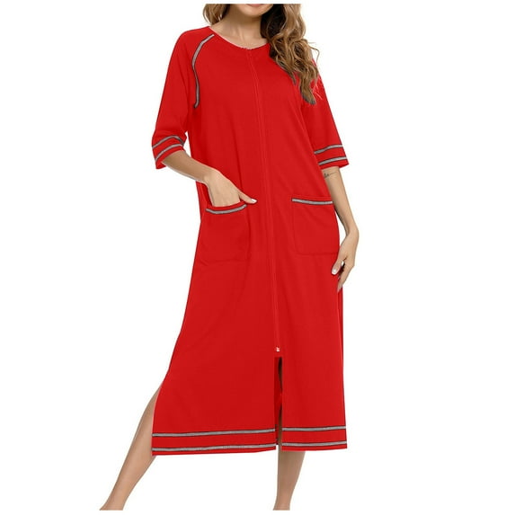 Women Robes Zipper Front 3/4 Sleeve Full Length Bathrobes with Pockets Soft Comfy Solid Color Side Slit Loungewear