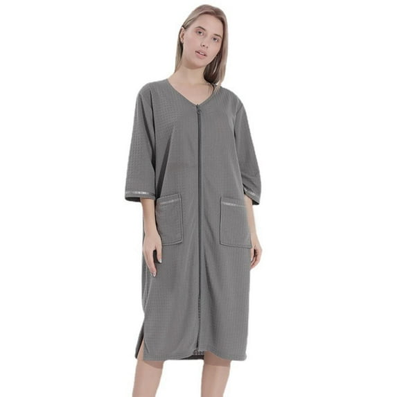 Women Robes Zipper Front 3/4 Sleeve Full Length Housecoat with Pockets Loungewear