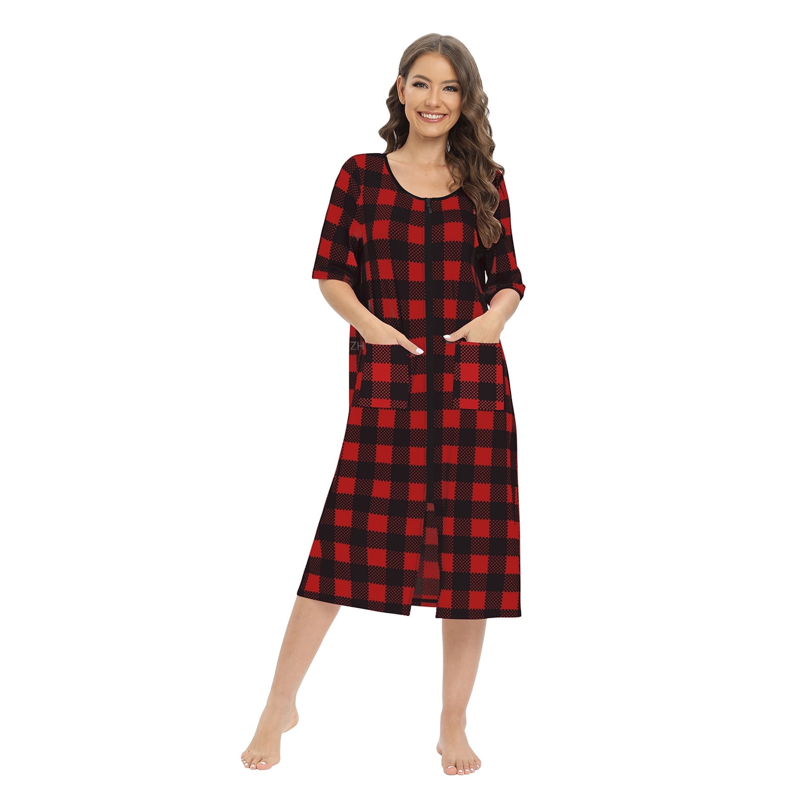 Womens Zipper Front Robes Half Sleeve Nightgowns Plaid Housecoat with