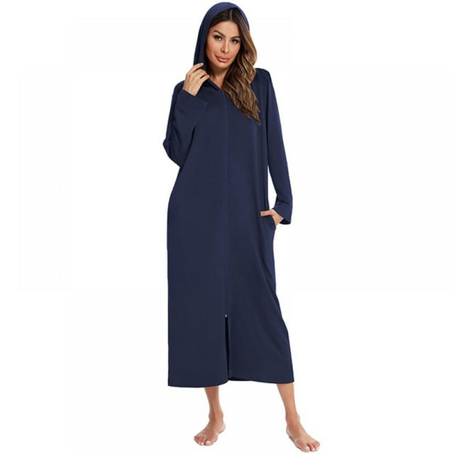 Women Robes Zipper Front Short Sleeve Full Length Housecoat with ...