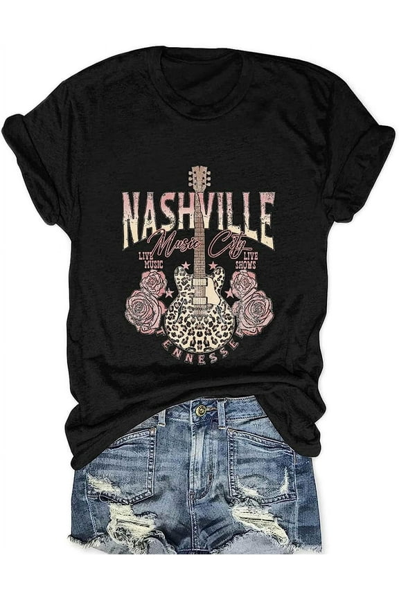 Women Rock Band Fashion Country Music T Shirt Vintage Graphic Tees Funny Short Sleeve Vacation Tops Black Large