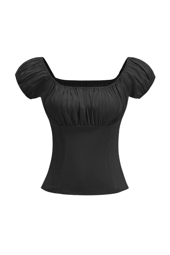 Women Rockabilly Pinup Peasant Top Off Shoulder Sexy Shirt Solid Color Short Sleeve V-neck Puff Sleeve Top Black XXL