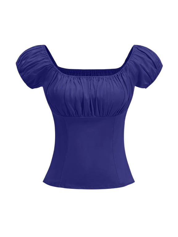 Women Rockabilly Pinup Peasant Top Off Shoulder Sexy Shirt Solid Color Short Sleeve V-neck Puff Sleeve Top Blue S