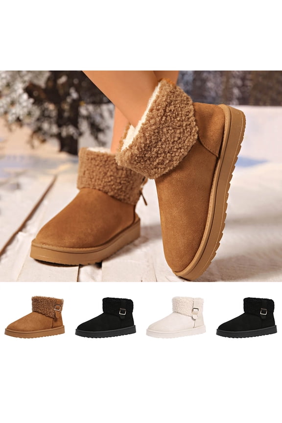 Women Roll Over Fleece Lined Short Snow Boots Faux Suede Chunky Platform Ankle Booties, Non Slip Warm Boots for Cold Weather White 9.5(43)