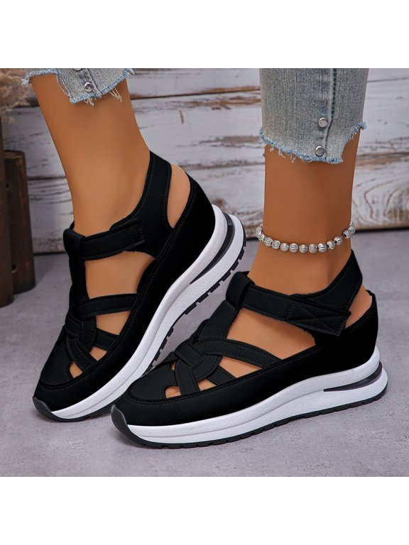 Women Roman Cutout Closed Toe Sandals, Adjustable Hook Loop Strap Elevated Midsole Non Slip Outdoor Walking Casual Footwear Black 10