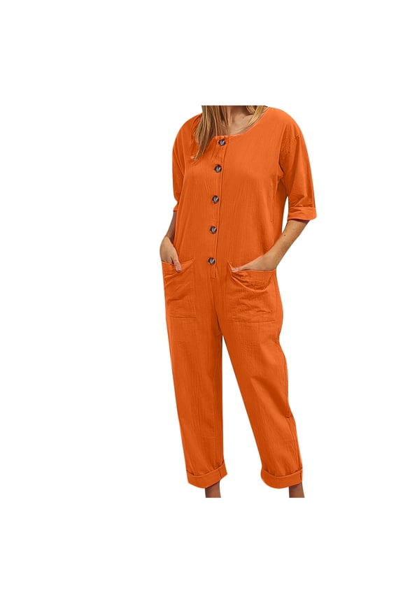 Women Romper Half Button V Neck Jumpsuit Wide Leg Short Sleeve Playsuits Pockets Summer Dungarees Elegant Petite Cotton Linen Rompers Ladies