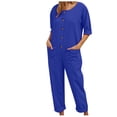 thumbnail image 1 of Women Romper Half Button V Neck Jumpsuit Wide Leg Short Sleeve Playsuits Pockets Summer Dungarees Elegant Petite Cotton Linen Rompers Ladies, 1 of 5