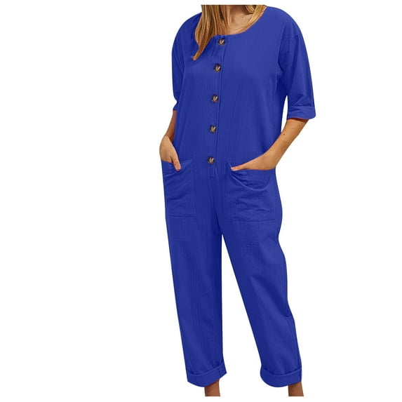 Women Romper Half Button V Neck Jumpsuit Wide Leg Short Sleeve Playsuits Pockets Summer Dungarees Elegant Petite Cotton Linen Rompers Ladies