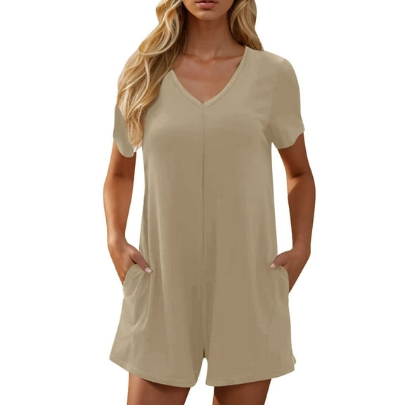 Women Rompers under $5! Xqxayjr Rompers for Women Solid Color Casual Short Sleeve V Neck Short Jumpsuits One Piece Jumps with Pockets