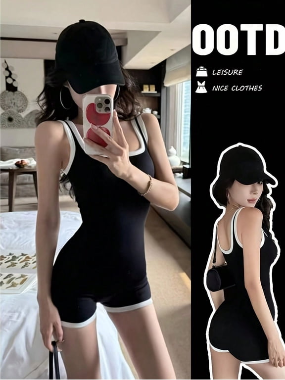 Women Rompers Sleeveless Square Neck Stretch Contrast Workout Active Tank Romper