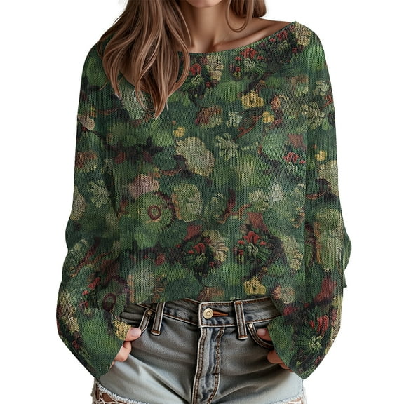 Women Rose Brushed Knit Sweaters Floral Fashion Plus Size Sweater