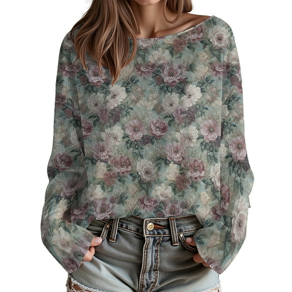 Women Rose Brushed Knit Sweaters Floral Fashion Plus Size Sweater