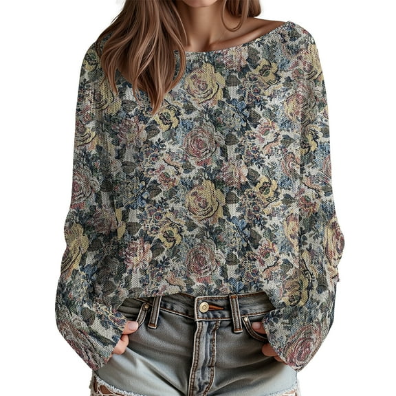 Women Rose Brushed Knit Sweaters Floral Fashion Plus Size Sweater