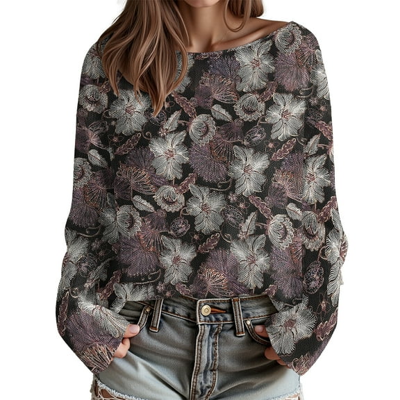Women Rose Brushed Knit Sweaters Floral Fashion Plus Size Sweater