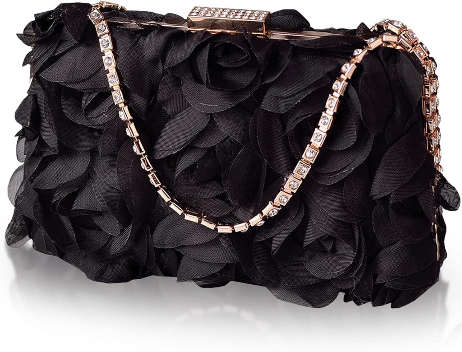 Chic Black Floral Clutch with Detachable Chains & Matching Earrings for Events SilTriangle Women Evening Clutch, Small Floral Satin Purse  main image 2