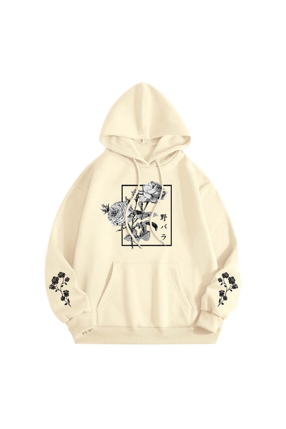 Women Rose Floral Pattern Japanese Style Hoodie Streetwear Hooded Sweatshirt Pullover Graphic Coat
