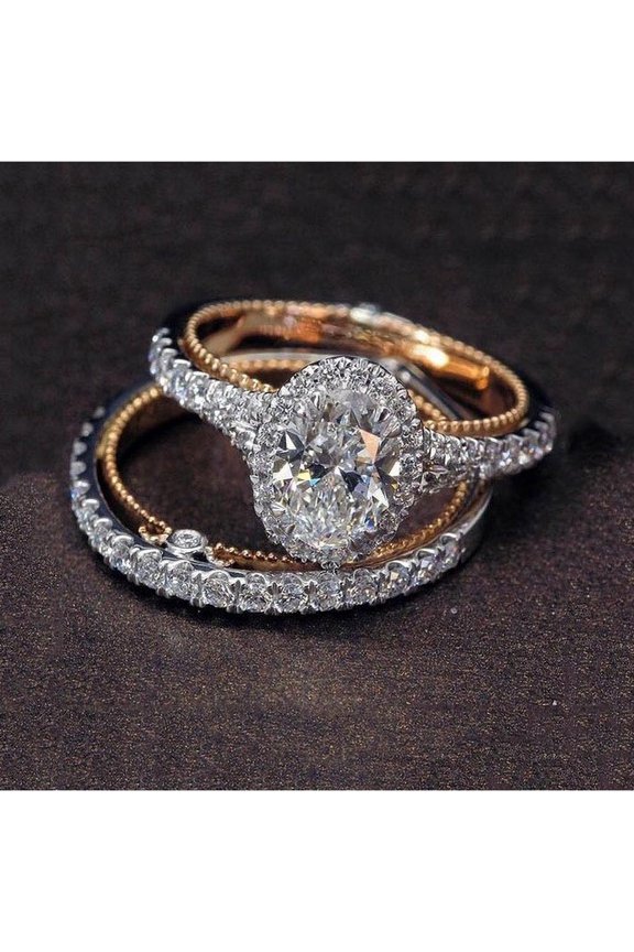 Women Rose Gold Diamond Ring Set Simulation Diamond Ring Proposal Engagement Wedding Ring