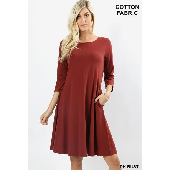 Women Round Neck 3/4 Sleeve Classic A-Line Dress w/ Side Pockets